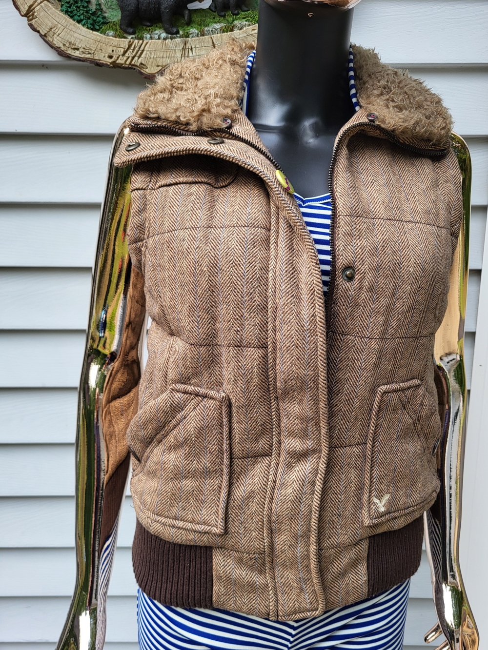 Women's AE Brown Herringbone Pattern Faux Fur Collar Lined Zip/Button Vest | M